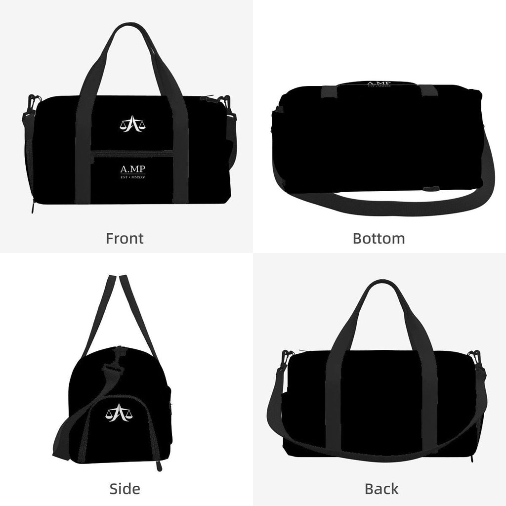 A.MP gym bag interior showing shoe compartment and zip pockets