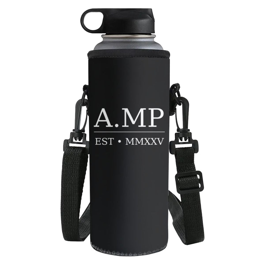 A.MP Signature Water Bottle — black bottle with branded sleeve, front view
