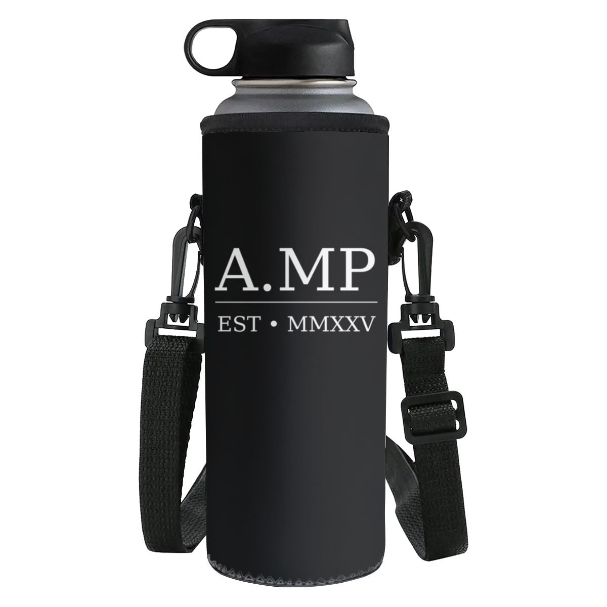 A.MP Signature Water Bottle — black bottle with branded sleeve, front view