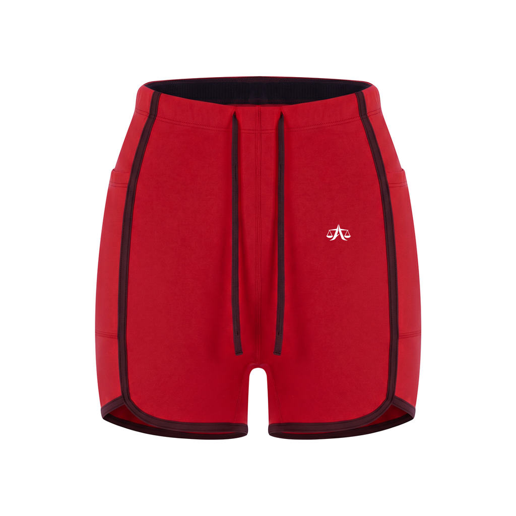 A.MP Women's High-Rise Color Block Yoga Shorts in red with black contrast trim and drawstring waist