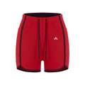 A.MP Women's High-Rise Color Block Yoga Shorts in red with black contrast trim and drawstring waist