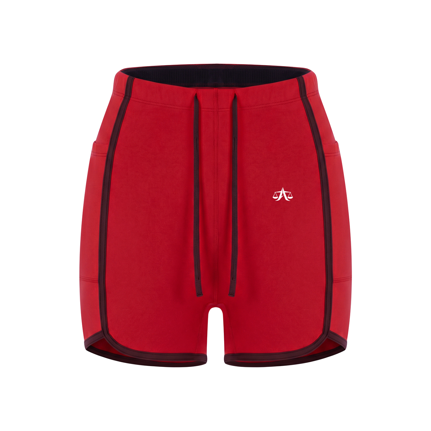 A.MP Women's High-Rise Color Block Yoga Shorts in red with black contrast trim and drawstring waist