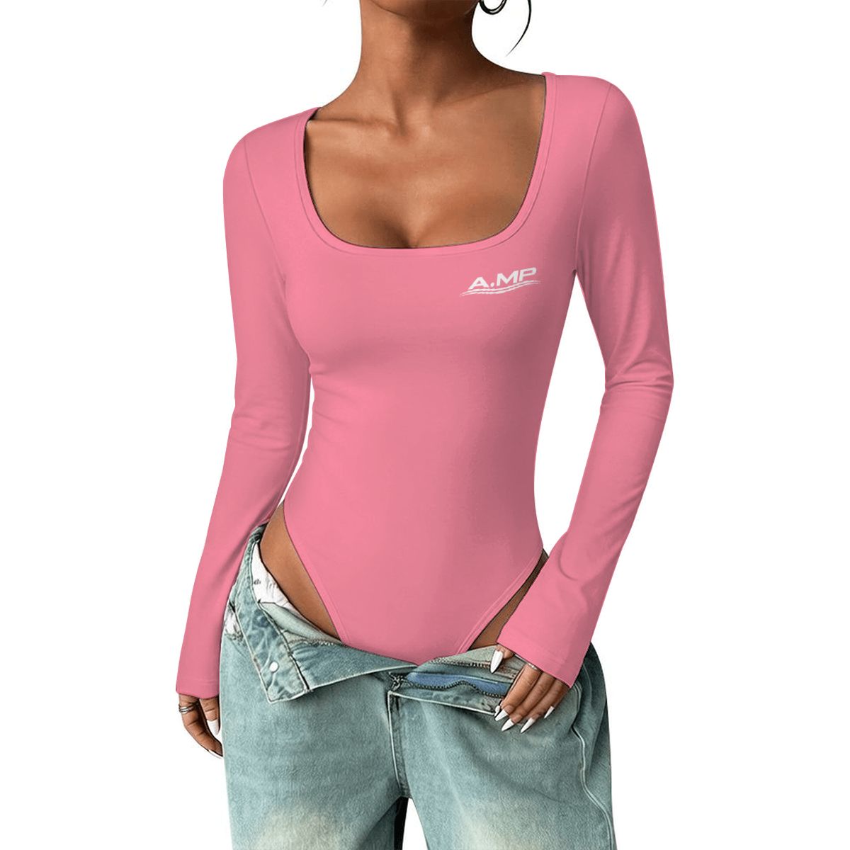 A.MP women's pink square neck long sleeve bodysuit