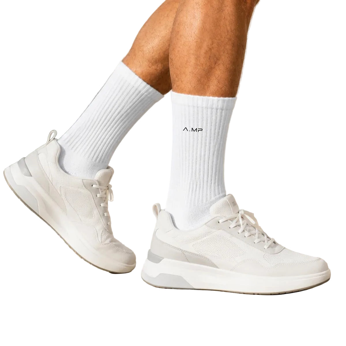 A.MP Premium Embroidered Cotton Crew Socks — white, pair view