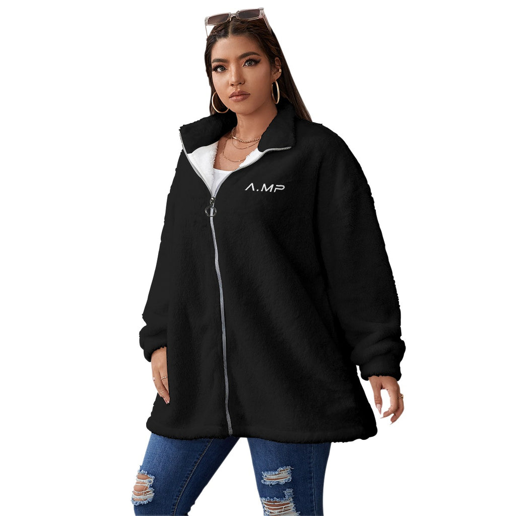 All-Over Print Unisex Borg Fleece Stand-up Collar Coat With Zipper Closure(Plus Size)