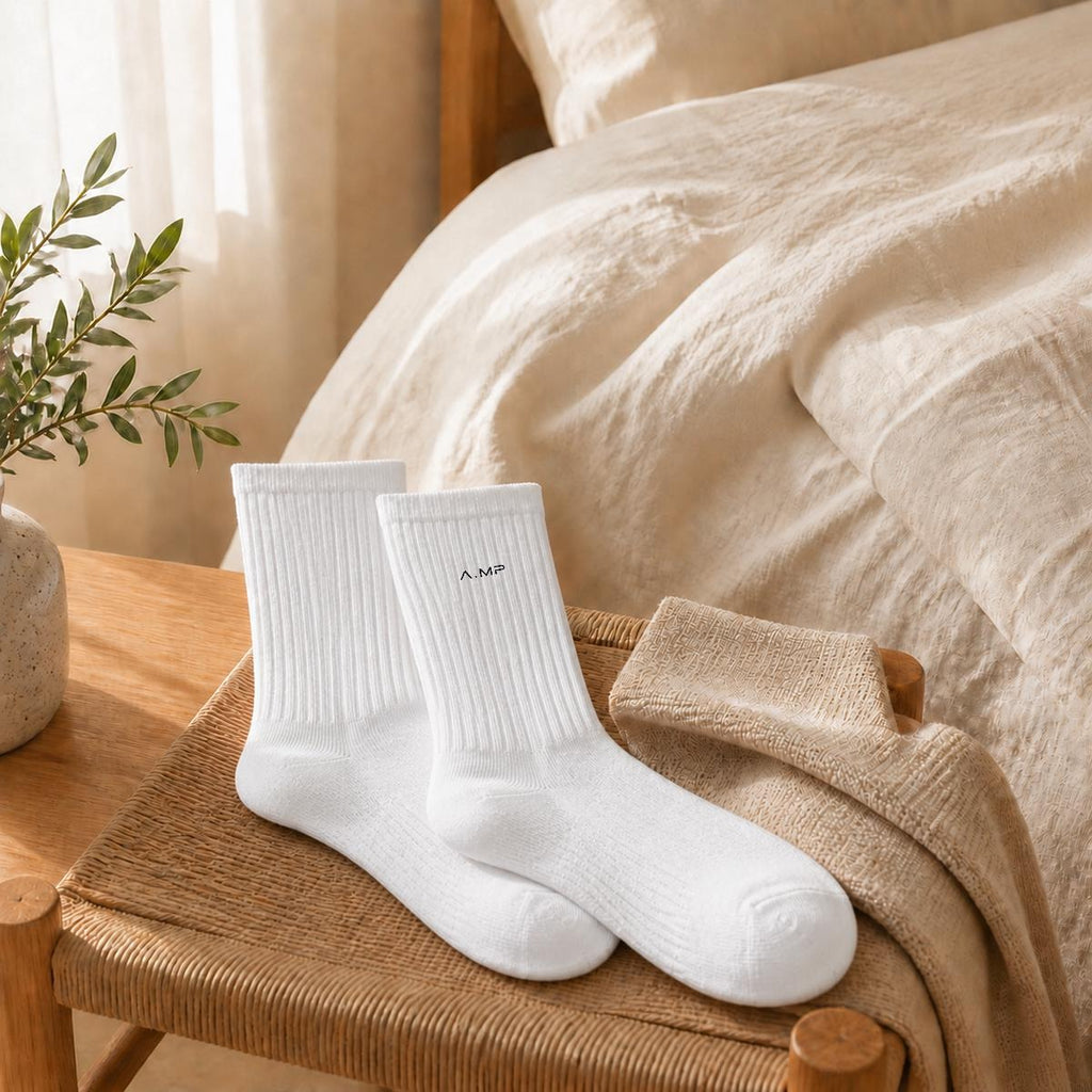 A.MP Premium Embroidered Cotton Crew Socks white — front view