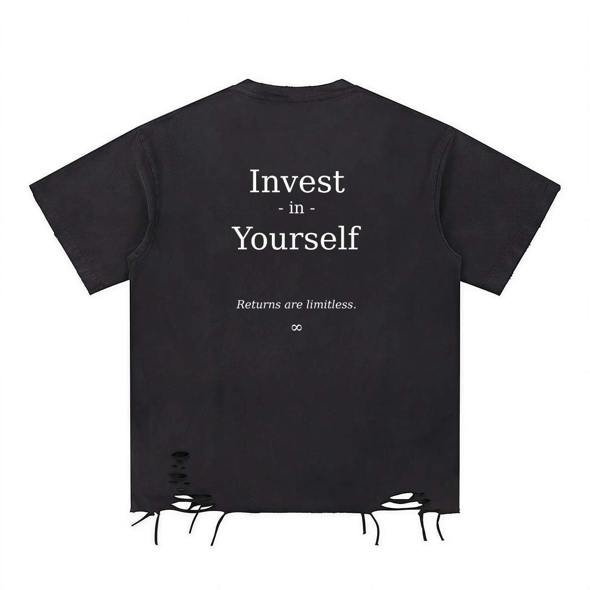 A.MP Invest In Yourself Distressed Tee — distressed detail