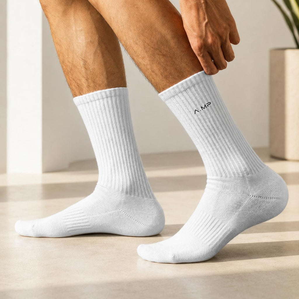 A.MP Premium Embroidered Cotton Crew Socks white — side view