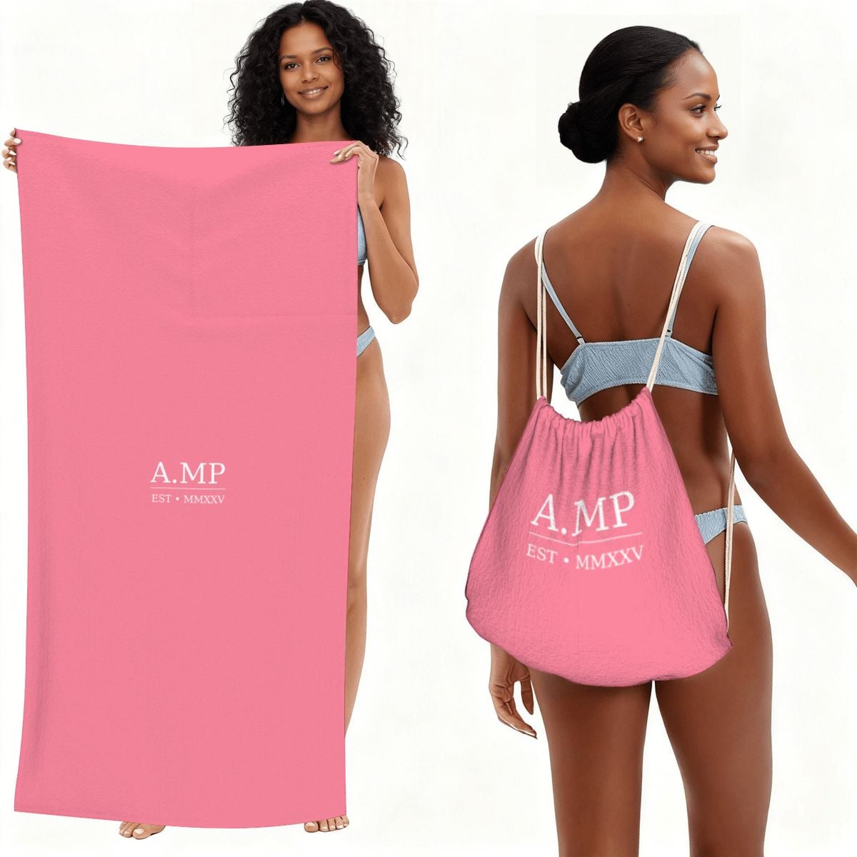A.MP Pink Beach Towel and Bag Set — folded into bag view
