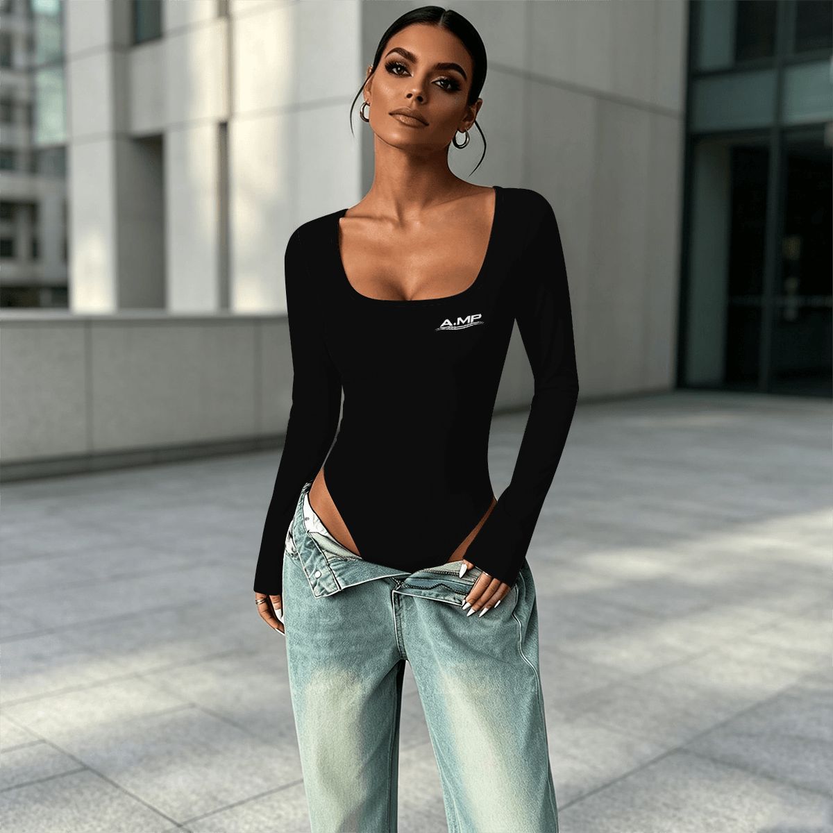 A.MP women's square neck long sleeve bodysuit
