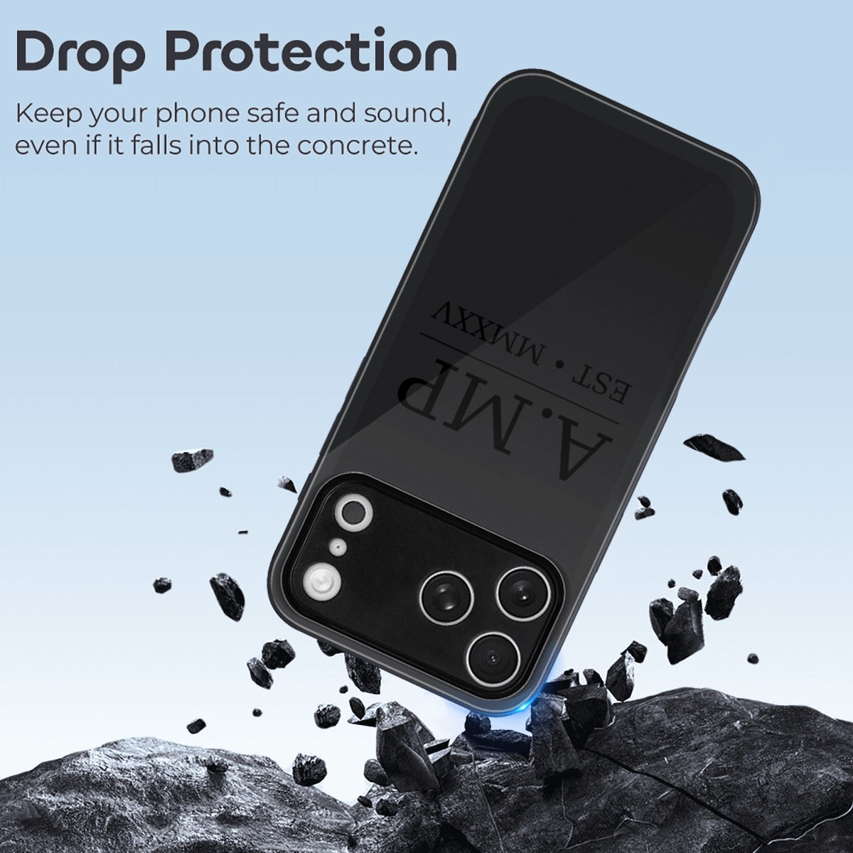 A.MP iPhone 17 Pro Max case shown at an angle highlighting glass finish