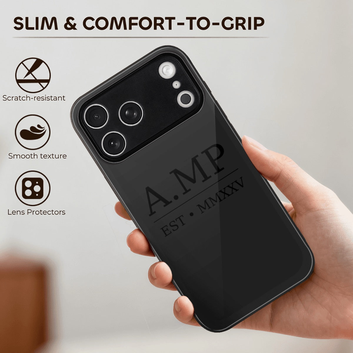 A.MP phone case fitted on iPhone 17 Pro Max, side profile