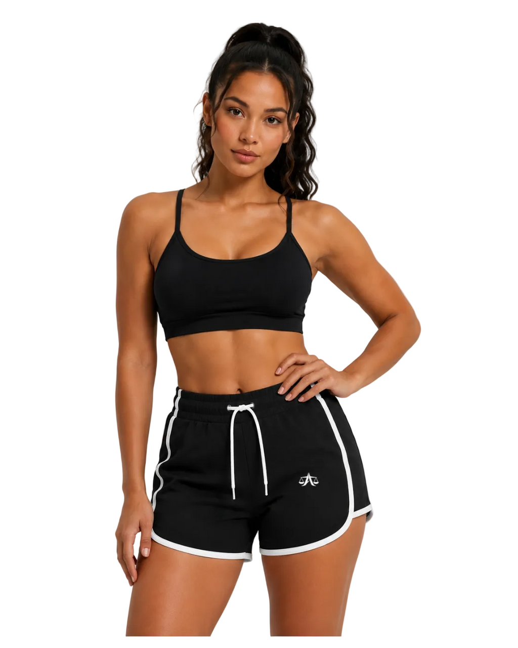 A.MP Women's High-Rise Color Block Yoga Shorts in black with white contrast binding, front view on model