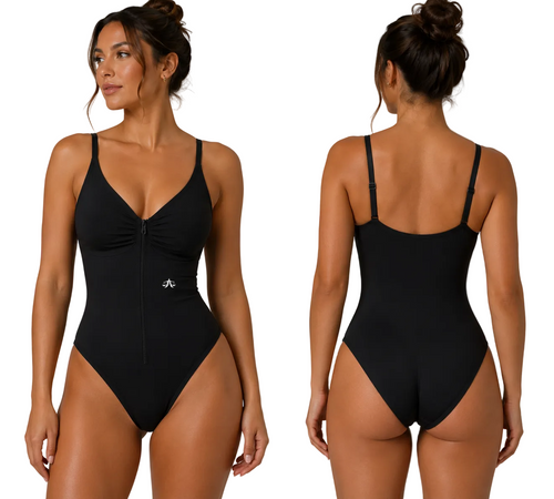 A.MP A Scale Full-Zip Ruched Bodysuit — front view