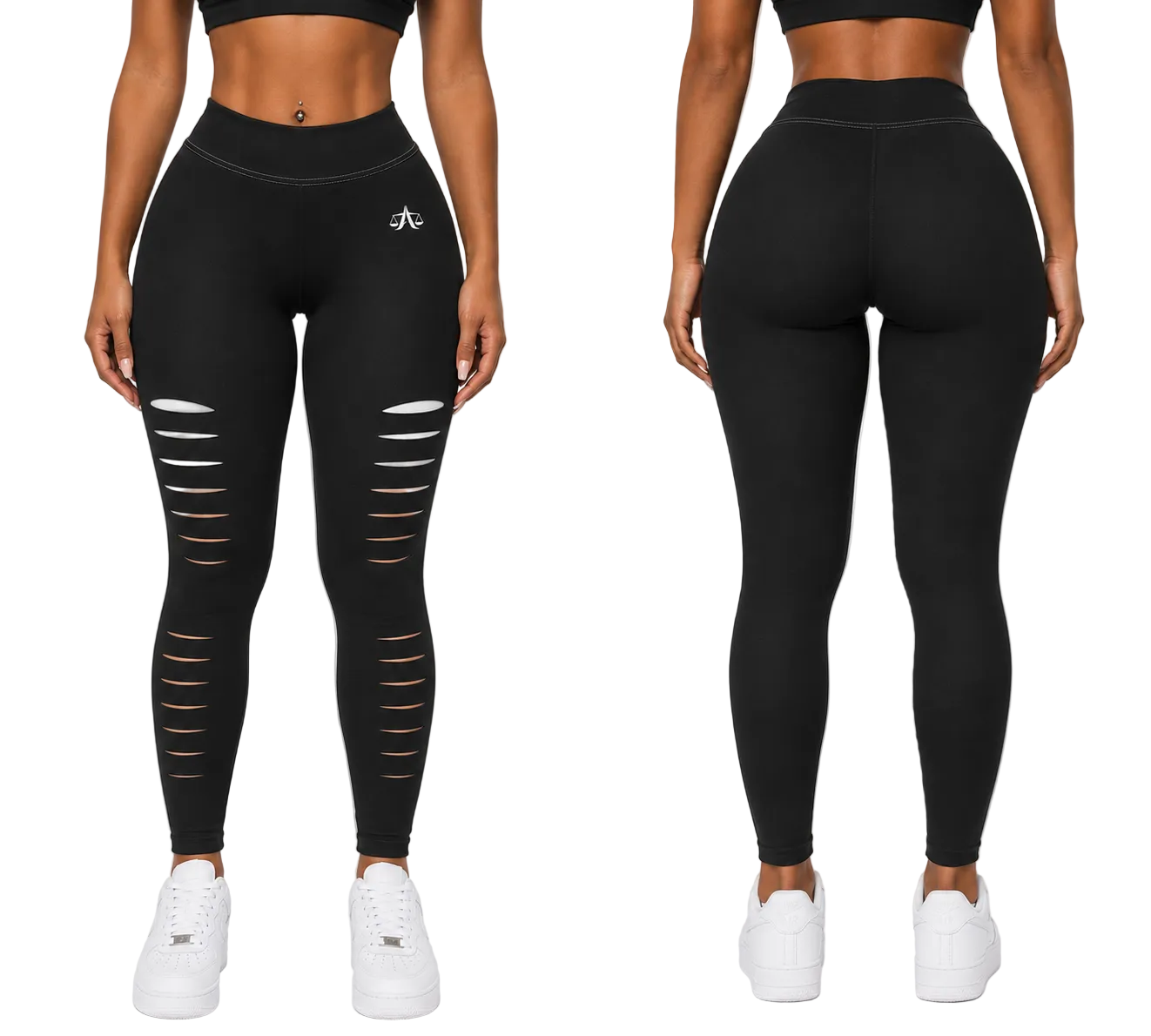A.MP A Scale Sculpt Women's Ripped Leggings — black, front view