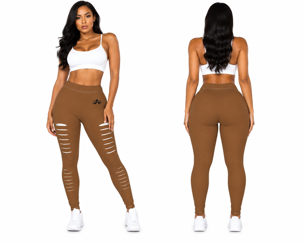A.MP A Scale Women's Ripped Leggings — brown, front view