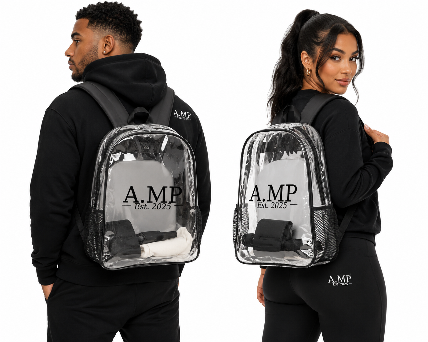 A.MP Clear Essentials Backpack — transparent PVC backpack, front view