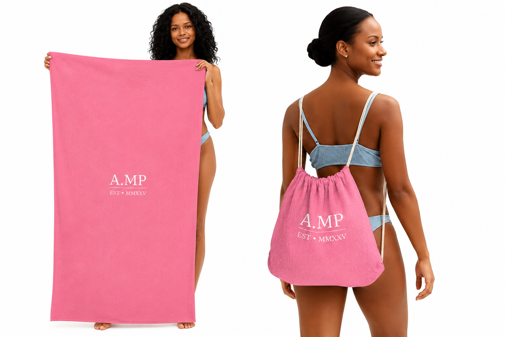 A.MP Pink Beach Towel and Drawstring Bag Set — 2-in-1 microfiber towel, full view
