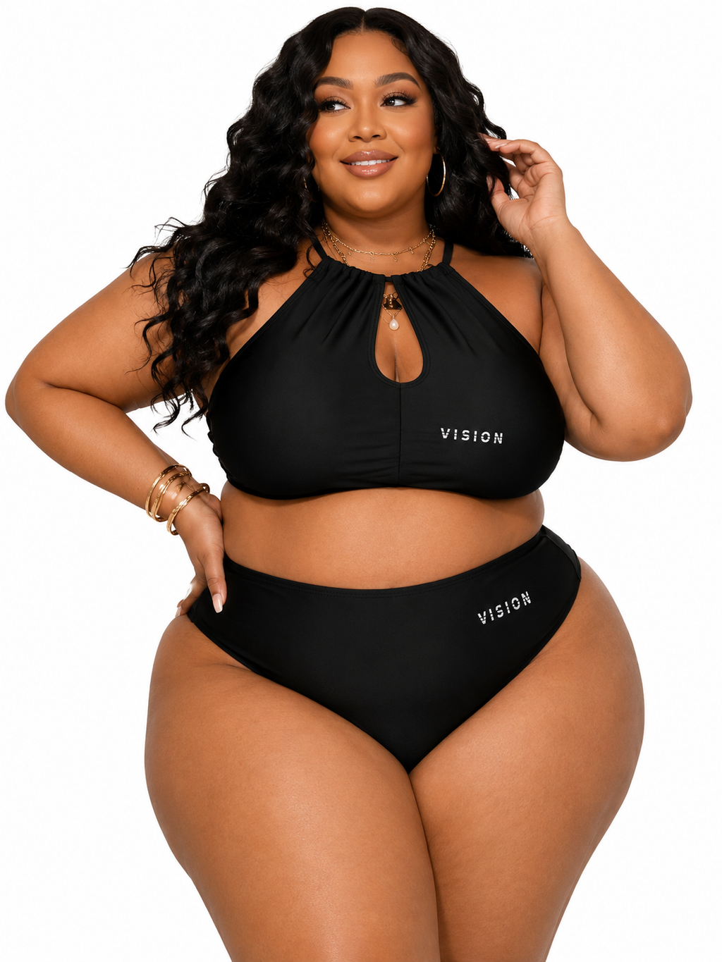 A.MP Plus Size High-Waisted Bikini — halter top and high-waisted bottoms, front view