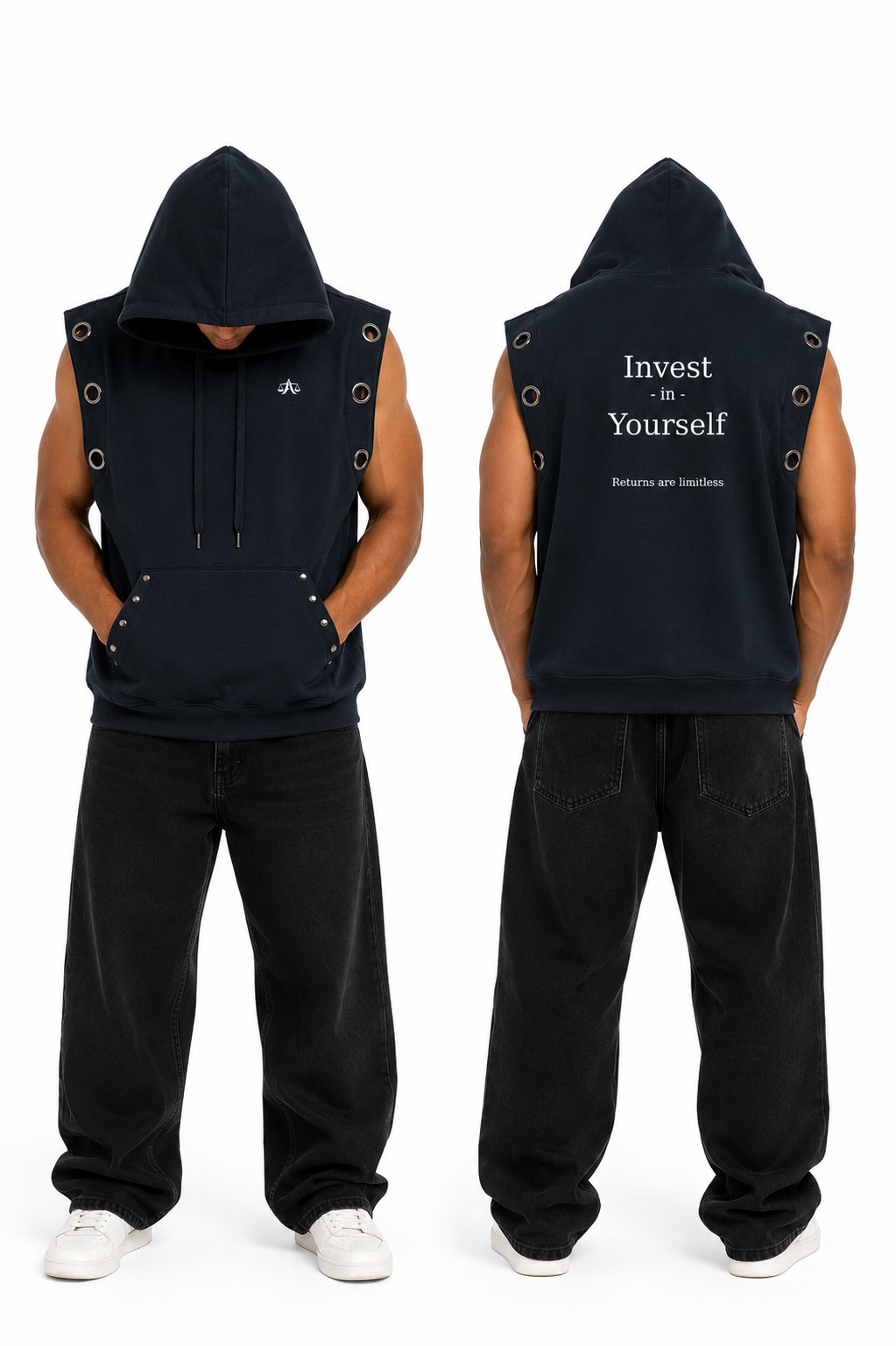 A.MP Grommet Sleeveless Hoodie — 370GSM oversized unisex streetwear, front view
