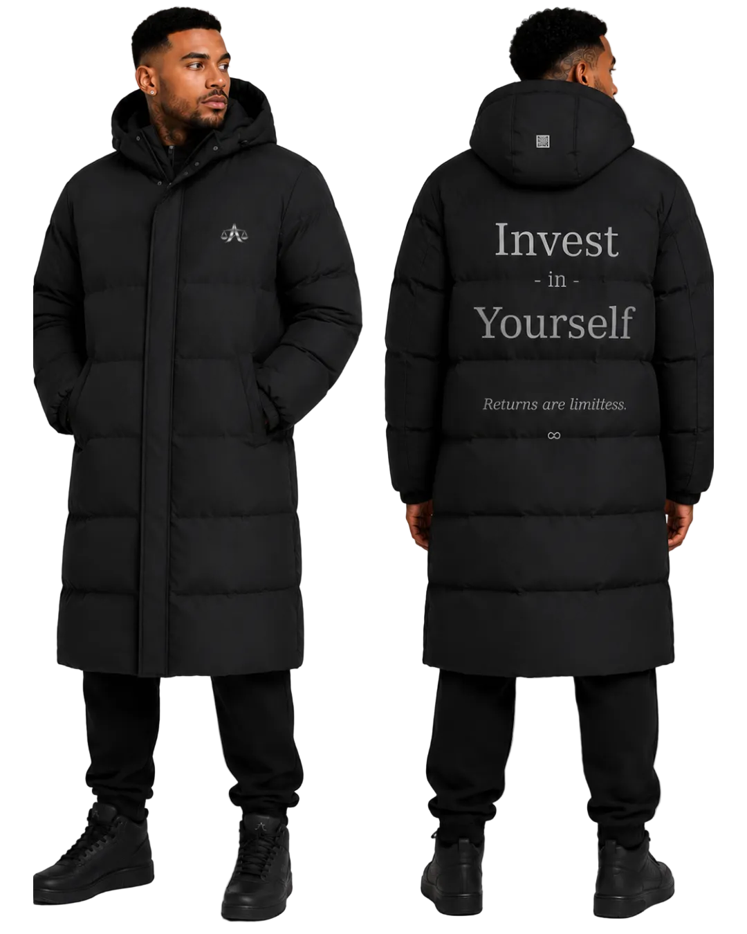 A.MP Invest In Yourself Longline Puffer Jacket — premium down streetwear coat, front view