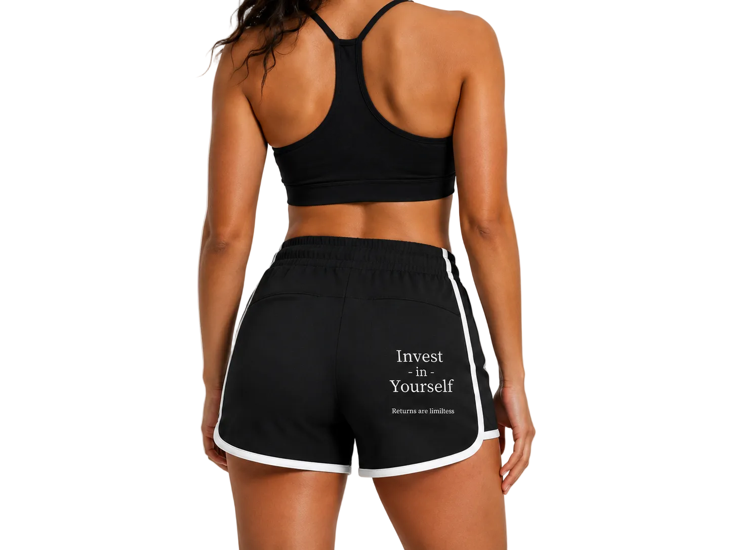 Back view of A.MP black colour block yoga shorts showing the Invest in Yourself print