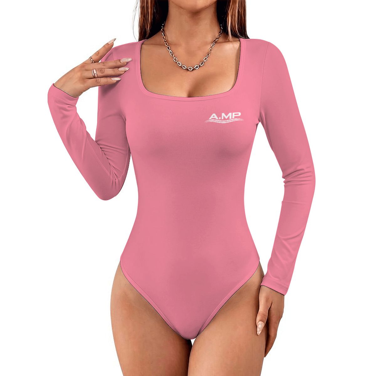 A.MP women's pink square neck long sleeve bodysuit