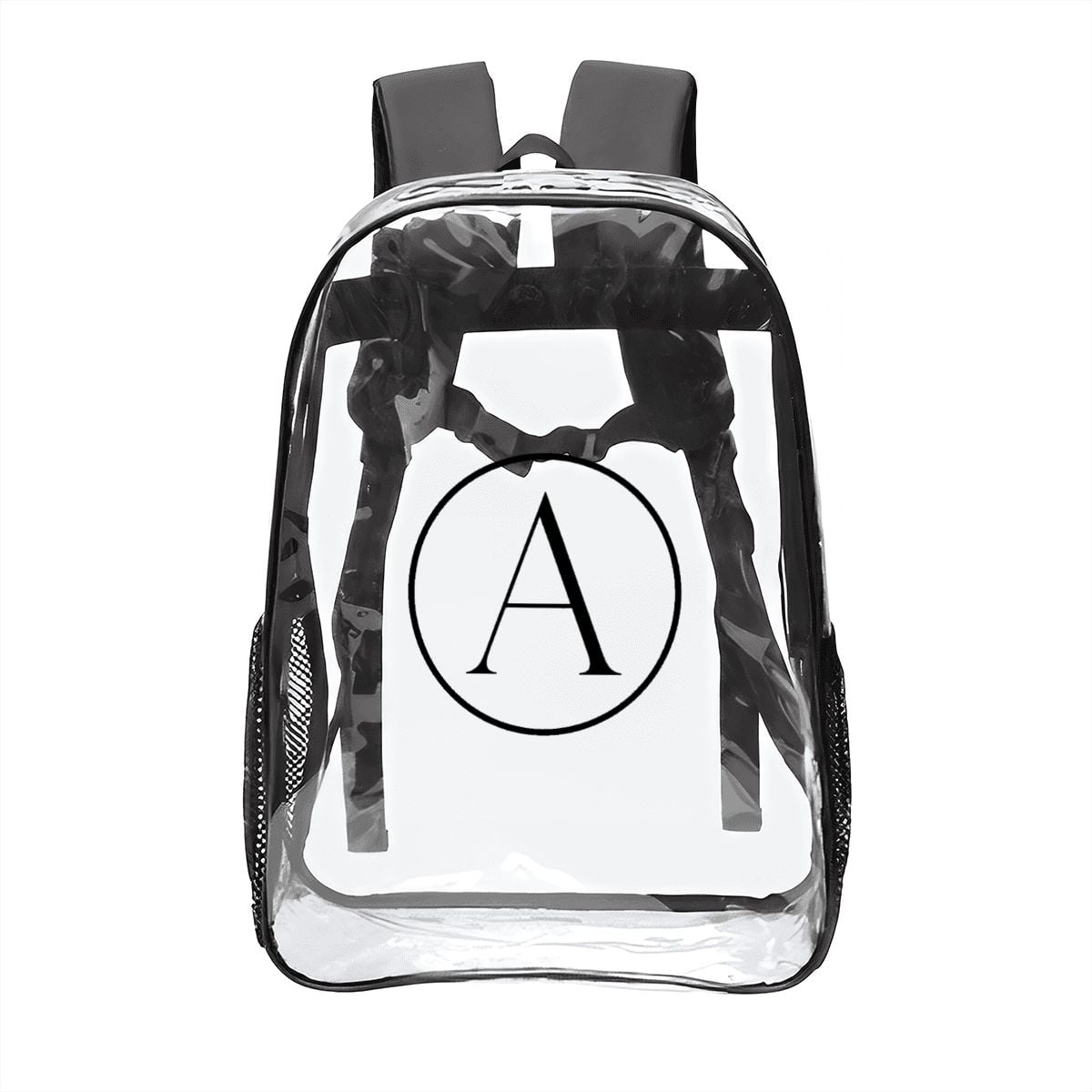 A.MP Individual Transparent Backpack — clear PVC backpack with A emblem, front view