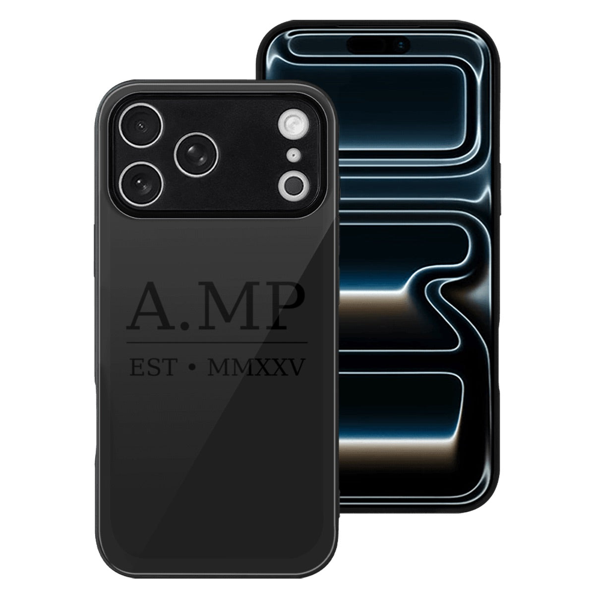 A.MP glass phone case back view on iPhone 17 Pro Max