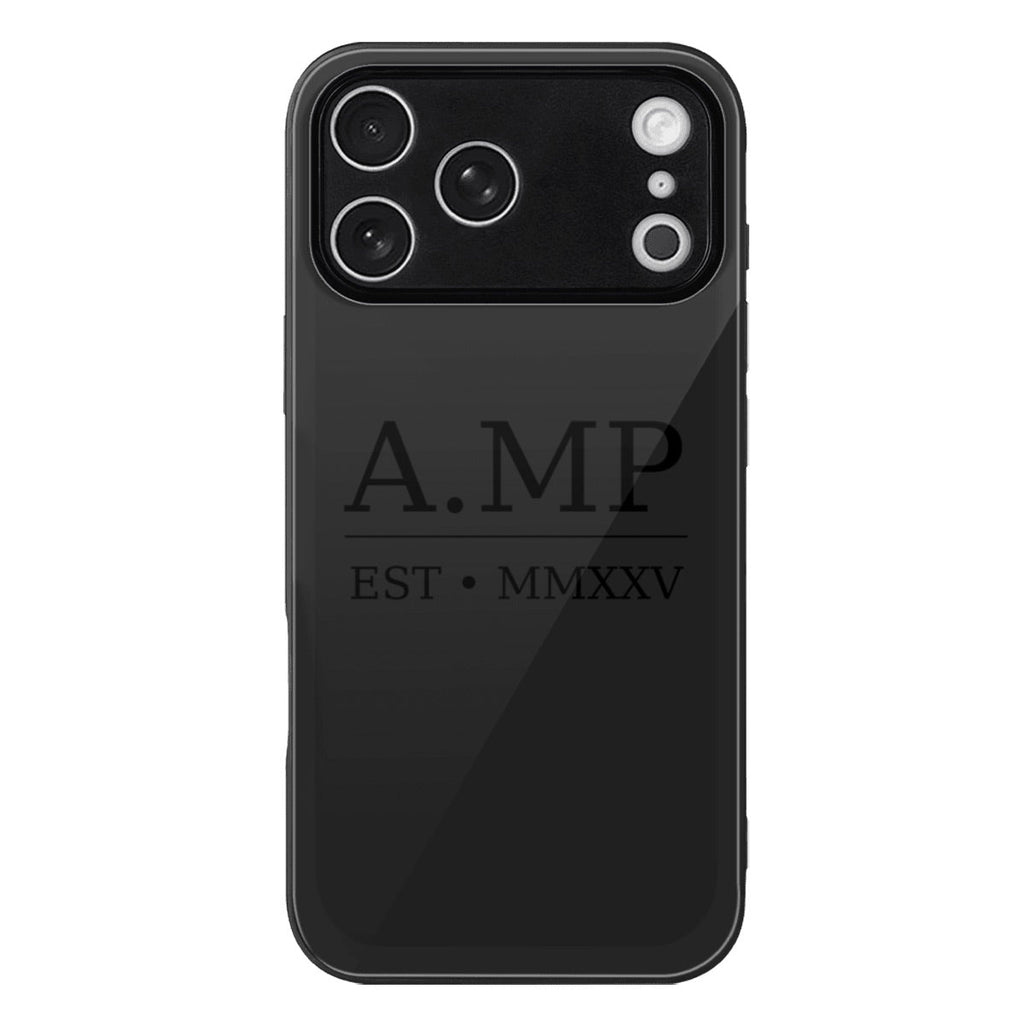 A.MP black glass phone case for iPhone 17 Pro Max, front view
