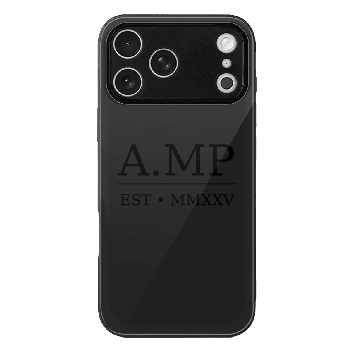 A.MP black glass phone case for iPhone 17 Pro Max, front view