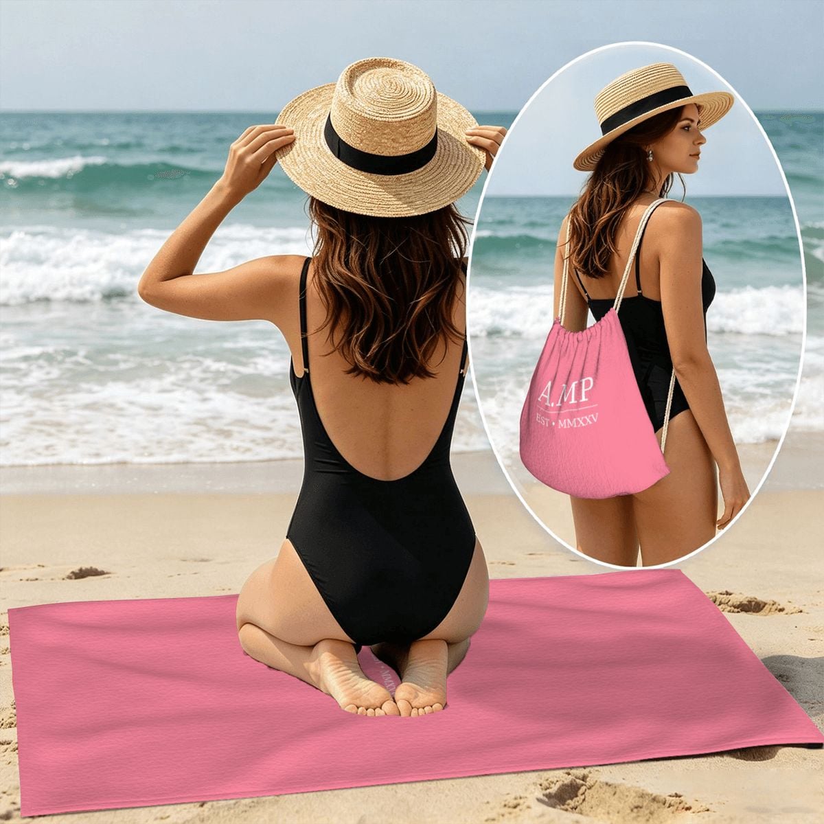A.MP - Pink Beach Towel & Drawstring Bag Set