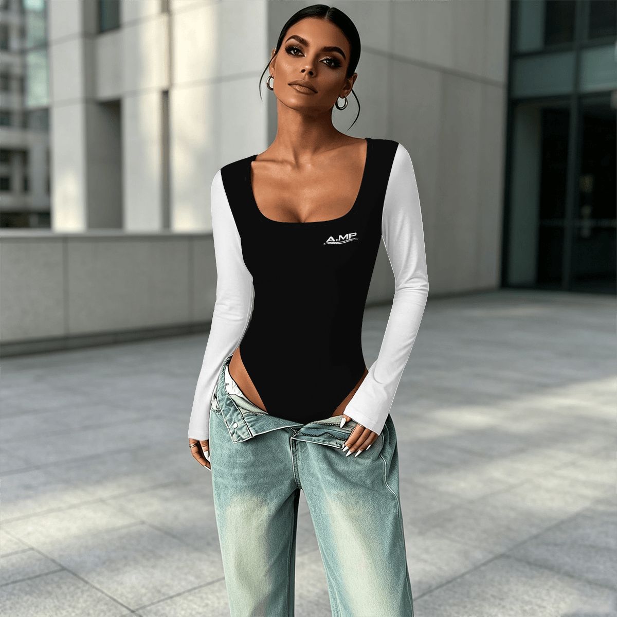 A.MP women's square neck long sleeve bodysuit